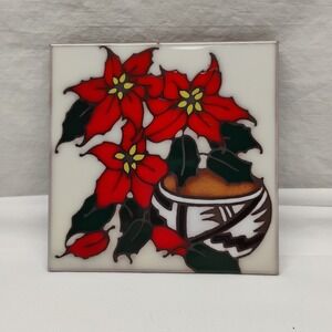 Masterworks Handcrafted Ceramic Tile Trivet 6"x6" Wall Art Poinsettias Christmas
